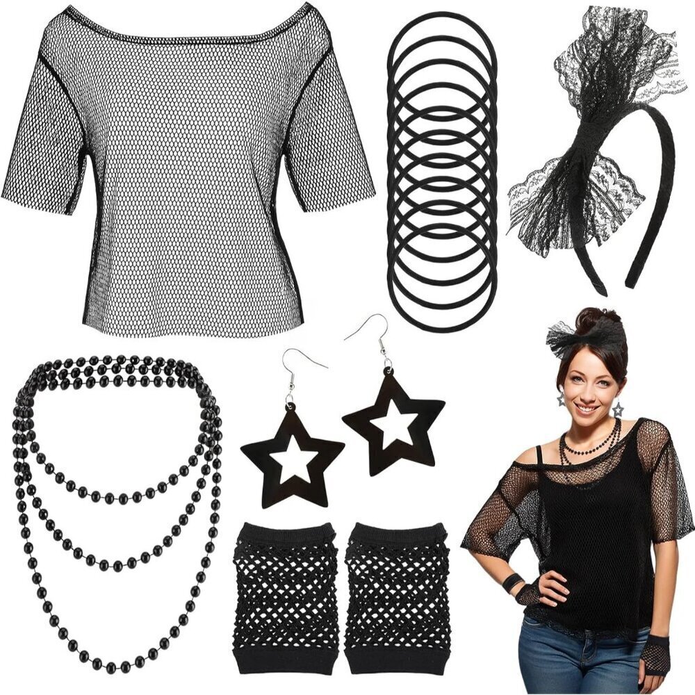 80s Fishnet Top Costume Set Women Black Mesh Accessories for Retro Halloween